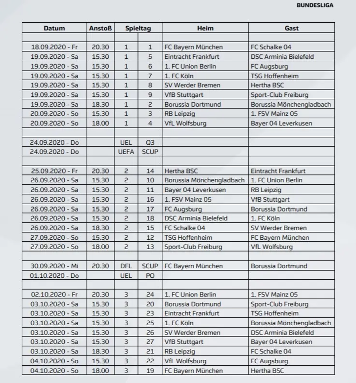 First 8 Rounds Of 20 21 Bundesliga Fixtures Dortmund Vs Bayern On November 7th All Football