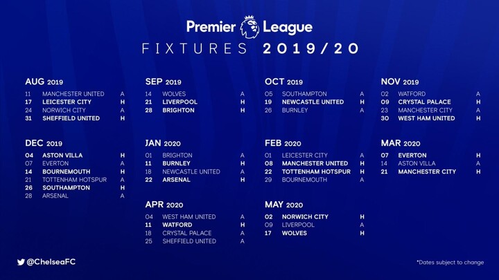 Official Chelsea Premier League Fixtures For 2019 20 Released All Football