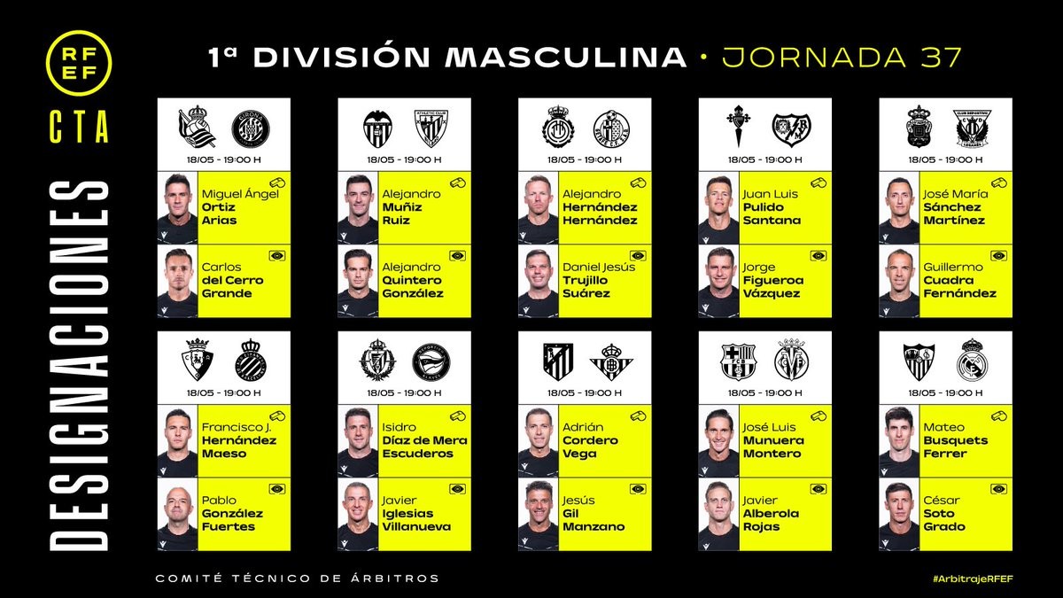 西甲第37轮裁判：穆努埃拉执法巴萨vs黄潜，布斯克茨执法皇马— All Football App