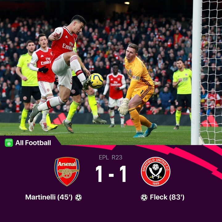 Arsenal 1 1 Sheff Utd Gunners Waste Good Performance After Conceding Late Goal All Football