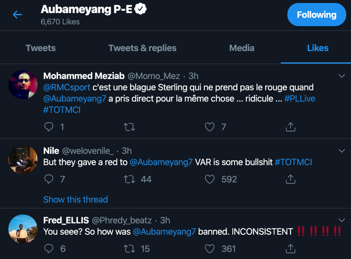 Aubameyang Likes Three Tweets Questioning Var Decision On Sterling