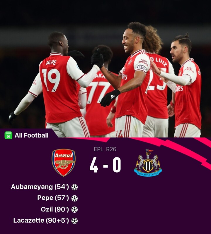 Arsenal 4 0 Newcastle Pepe Auba Ozil Laca Score To Seal Arteta S 2nd Pl Win All Football