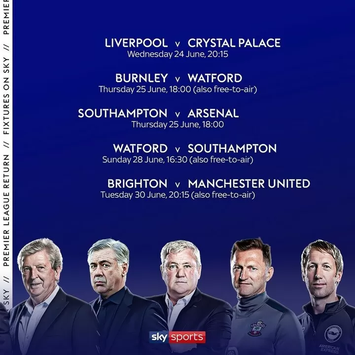 EPL restart fixtures confirmed City Arsenal on June 17 Spurs Utd