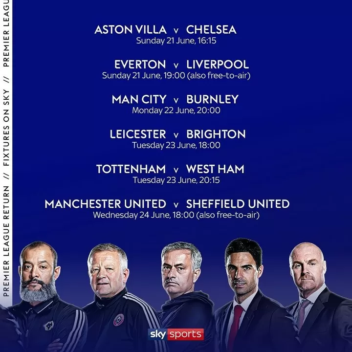 Epl Restart Fixtures Confirmed City Arsenal On June 17 Spurs Utd On June 19 All Football