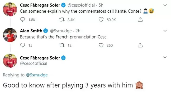 Cesc Fabregas Finally Learns How To Pronounce N Golo Kante S Name All Football