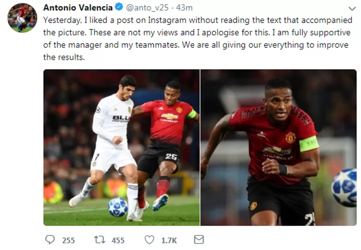 Valencia Sorry For Liking Post Calling For Mou Sacking All Football