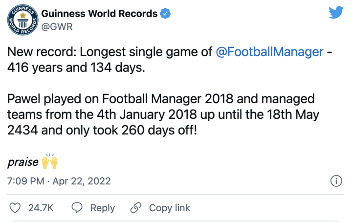 Football Manager player sets world record with a 10,000-hour