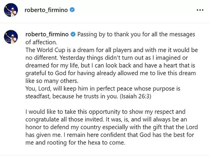 Roberto Firmino: Brazil World Cup snub not how I dreamed my life would go