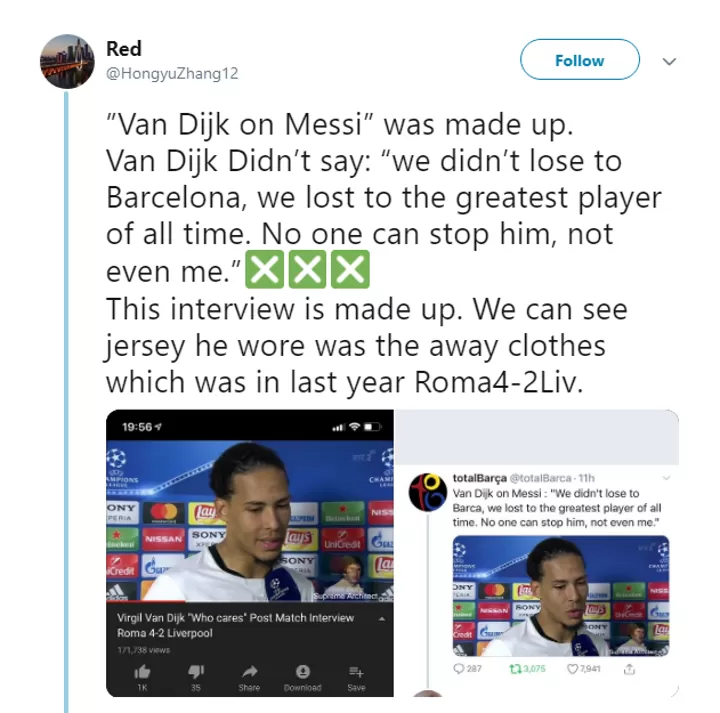 Liverpool Van Dijk Frustrated By Fake News As False Quotes On Messi Emerge All Football