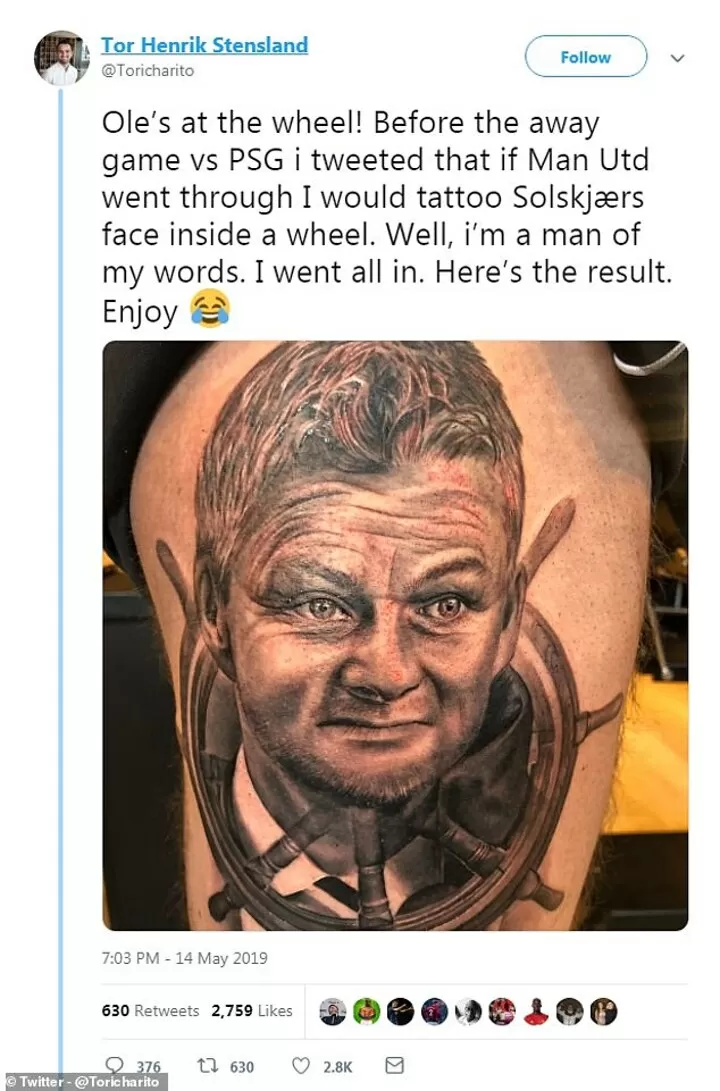Man Utd Fan Gets Solskjaer S Face In A Wheel Tattooed On His Leg In Psg Tribute All Football