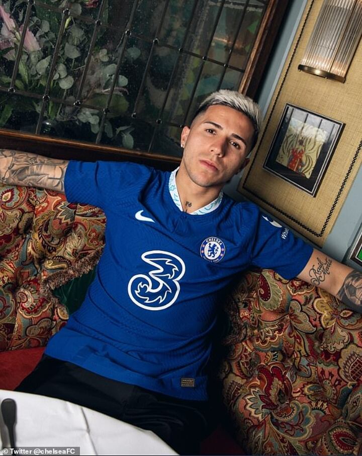 Enzo Fernandez pictured in a Chelsea shirt for the first time