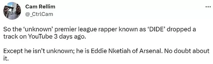 Dide: Unknown 'Premier League footballer' releases debut rap song, Sport