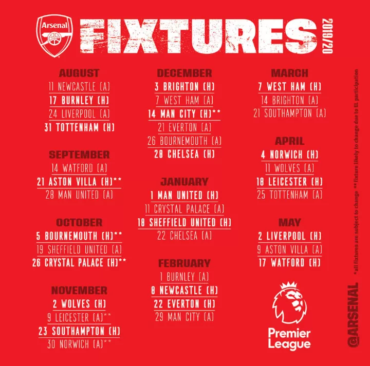 Official Arsenal Premier League Fixtures For 2019 20 Released All Football