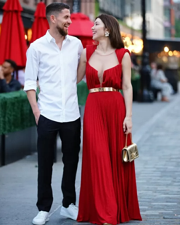 Jorginho's girlfriend Catherine joins no bra club in red dress in New York
