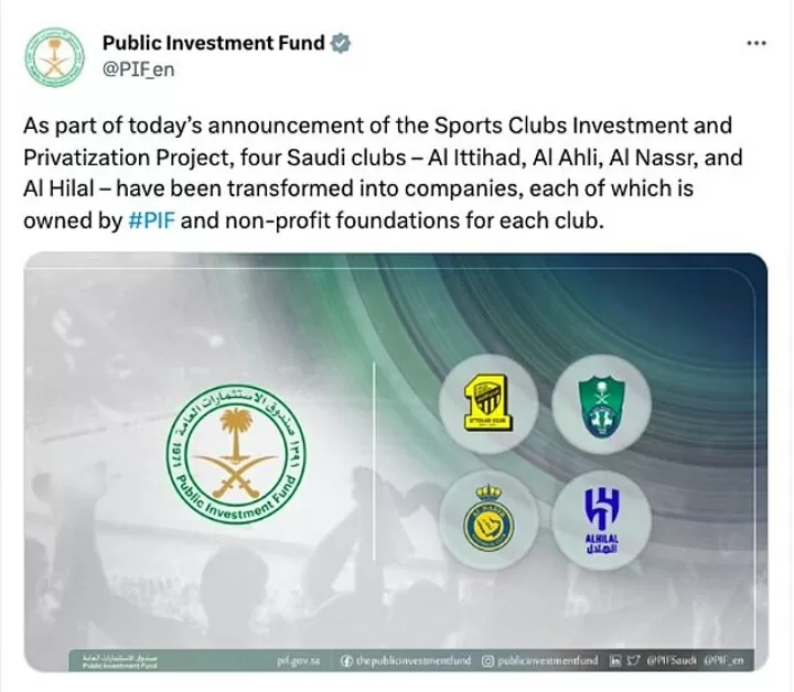 Saudi Arabia’s PIF takes control of four clubs including Ronaldo’s Al