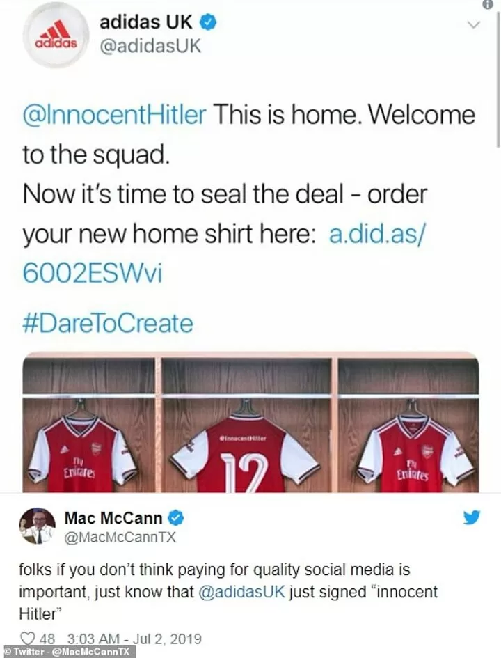 Zuinig fiets Houden Adidas face backlash over social media campaign to launch Arsenal kit| All  Football