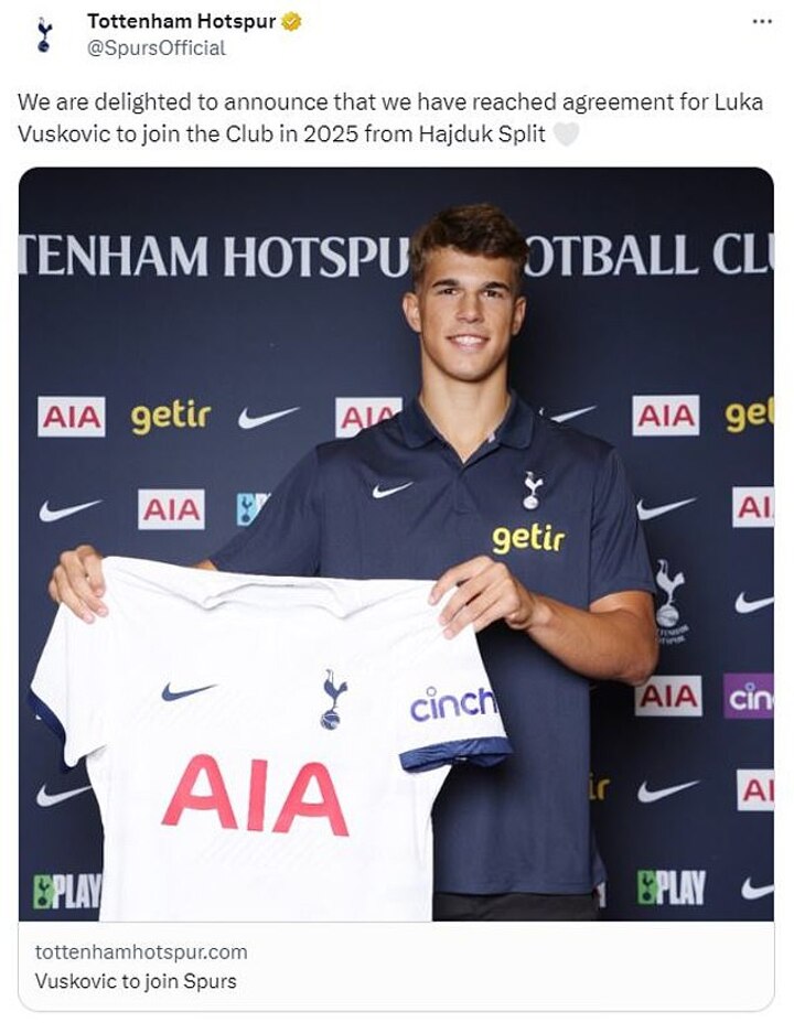 Tottenham sign 16-year-old Luka Vuskovic from Hajduk Split in £12m deal  that starts in 2025 - Eurosport