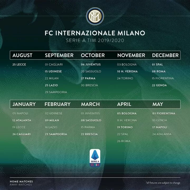 Official Inter Milan Serie A Fixtures For 2019 20 Season
