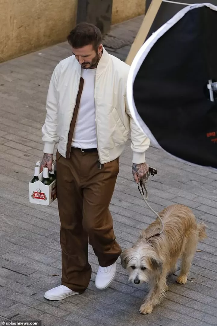 David Beckham is seen clutching six bottles of Stella Artois as he films  advert| All Football