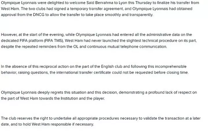 Lyon say West Ham 'lack respect' after Benrahma move collapses