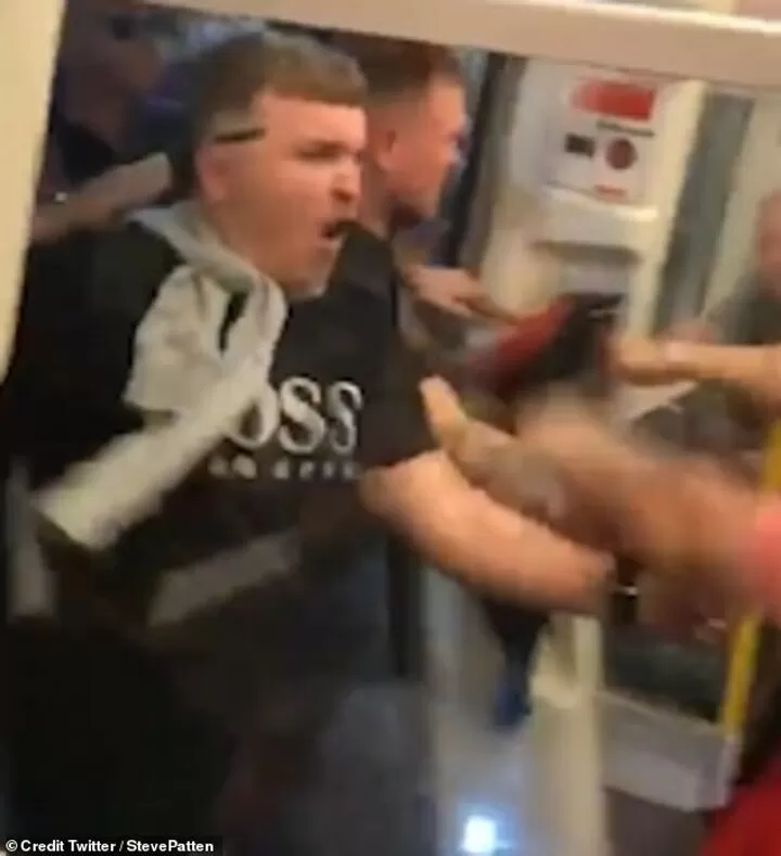 Shocking Moment Liverpool And Man City Fans Fight On Underground Train All Football