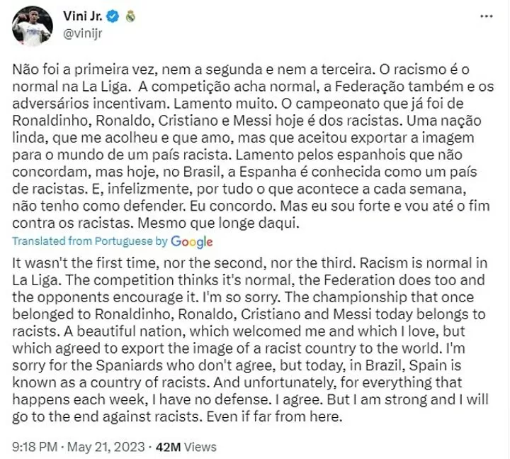 La Liga investigating after Vinicius Jr allegedly called a monkey by a  child during Valencia-Real Madrid - The Athletic