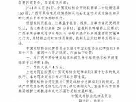 足协公布对广西平果哈嘹外援的处罚：停赛4场，罚款4万元人民币