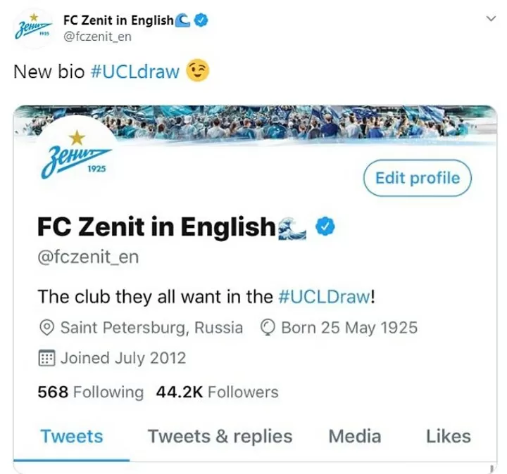 Zenit comically change Twitter bio to 'club they all want in UCL draw'| All  Football
