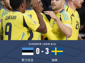 瑞典3-0客胜爱沙尼亚，纳纳西双响，哲凯赖什传射