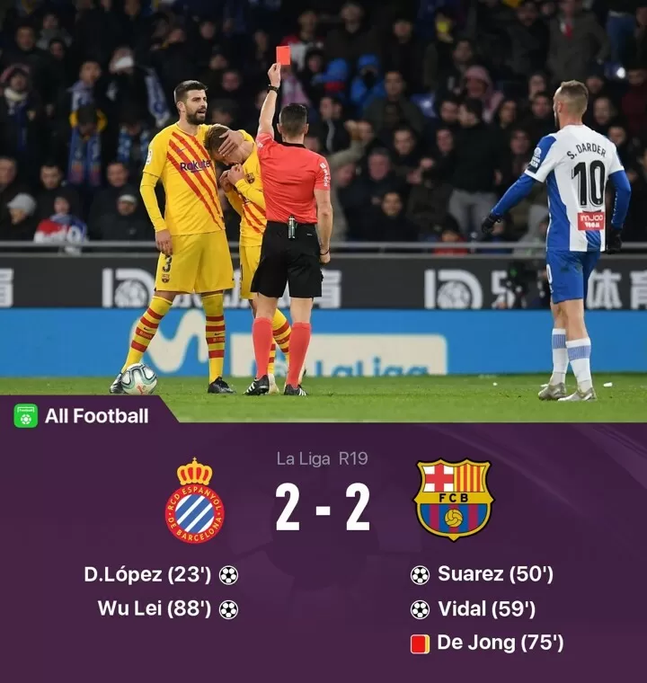 Espanyol 2 2 Barca Suarez S Goal Assist Not Enough For Win De Jong Sent Off All Football