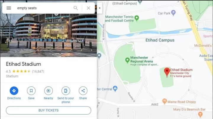 Google Maps Still Links To Man City S Etihad Stadium If You Search Empty Seats All Football