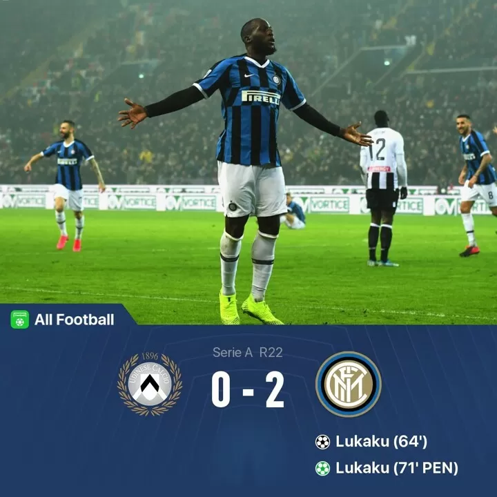 Udinese 0 2 Inter Lukaku Brace Sends Inter Back To 2nd 3 Points