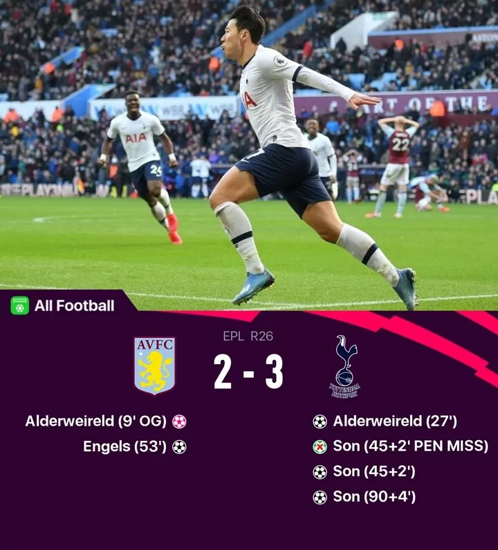 Villa 2 3 Tottenham Sonny Winner Sends Spurs To 5th Only 1 Pt Behind Top 4 All Football