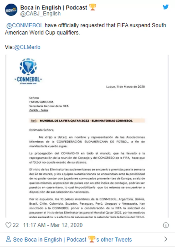 Conmebol Want World Cup Qualifiers To Be Suspended Due To