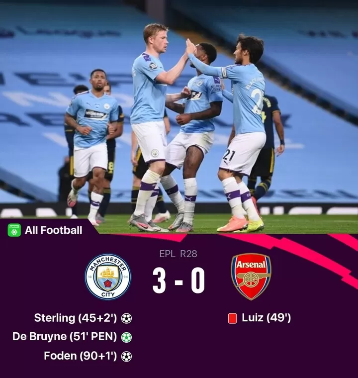 City 3 0 Arsenal Pep S Side Smash Arteta Men As De Bruyne Stars Luiz Sent Off All Football