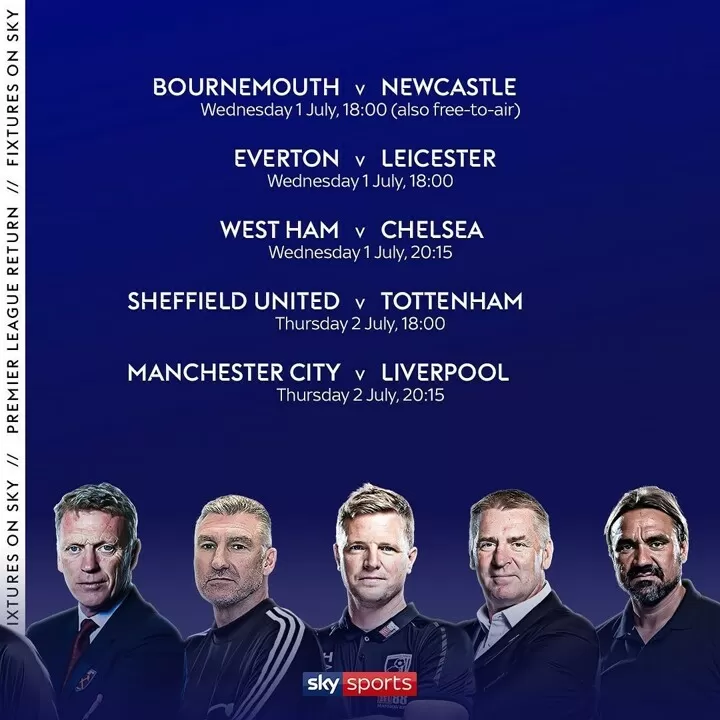 Epl Restart Fixtures Confirmed City Arsenal On June 17 Spurs Utd On June 19 All Football