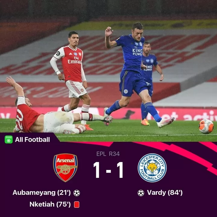 Arsenal 1 1 Leicester Vardy Nets Late Goal To Stun Gunners Nketiah Sent Off All Football