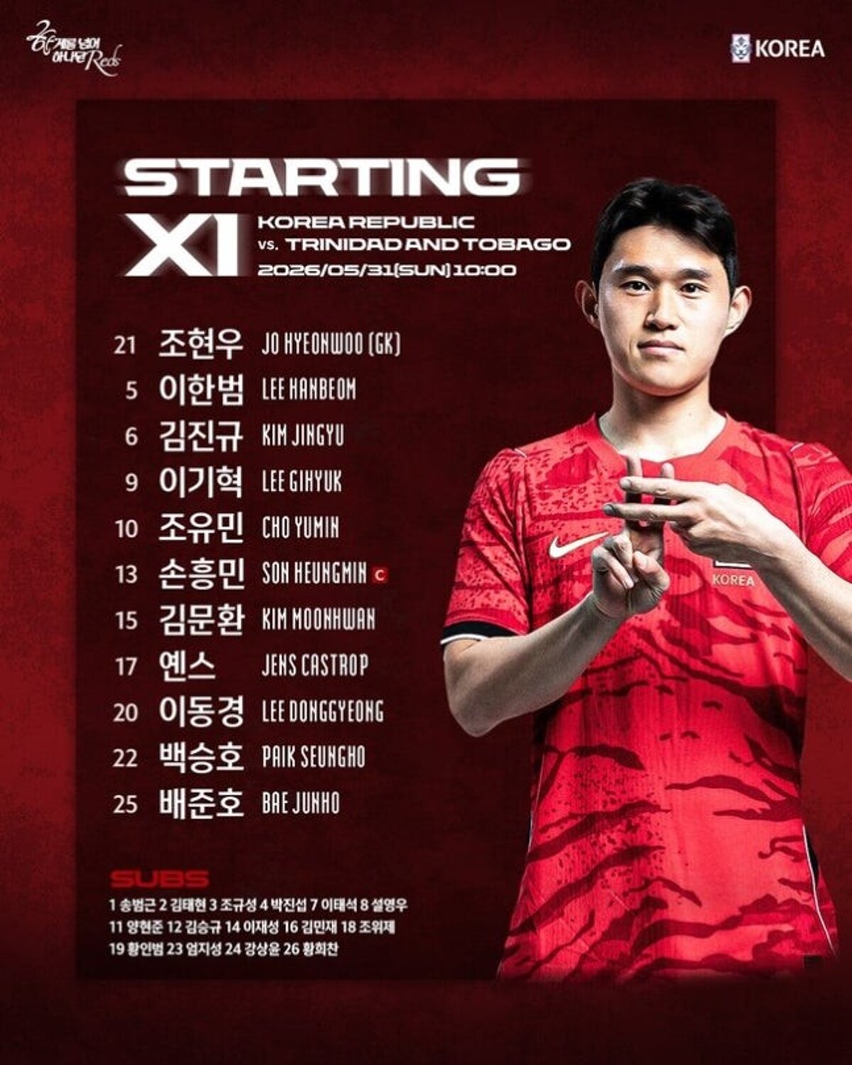 韓国代表が親善試合で背番号をシャッフル、孫興慜は13番を着用