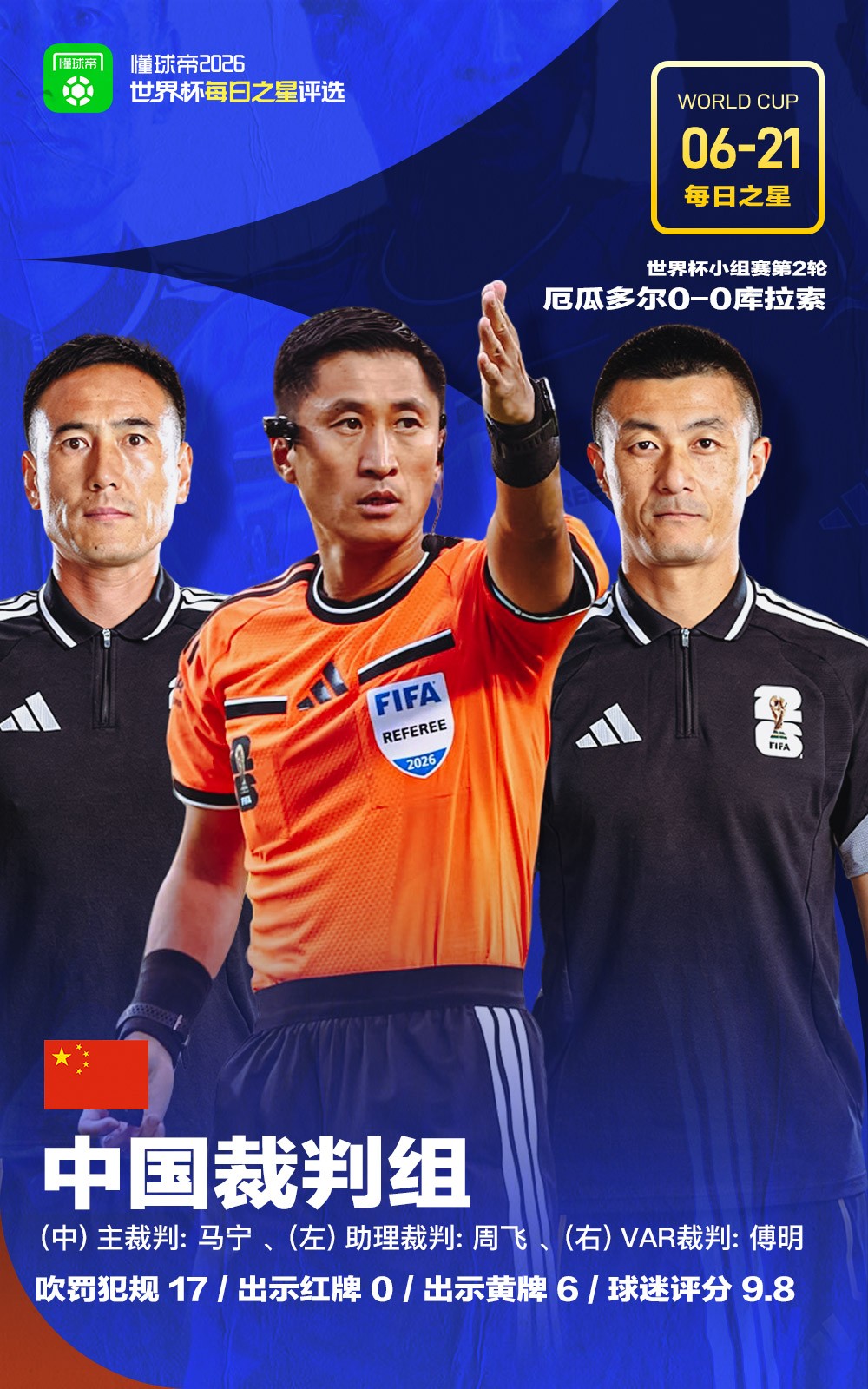 Bintang Piala Dunia 21 Juni versi Dongqiudi: Wasit Tiongkok