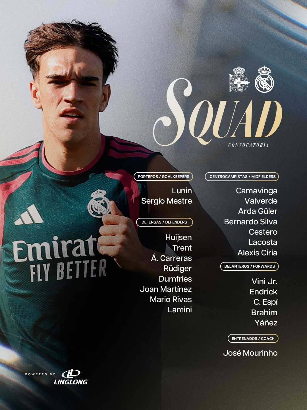 รายชื่อผู้เล่นเรอัล มาดริด ในเกมอุ่นเครื่องกับเดปอร์ติโบ ลาคอรุนญ่า วินิซิอุส บัลเบร์เด้ และแบร์นาโด ซิลวา นำทัพ