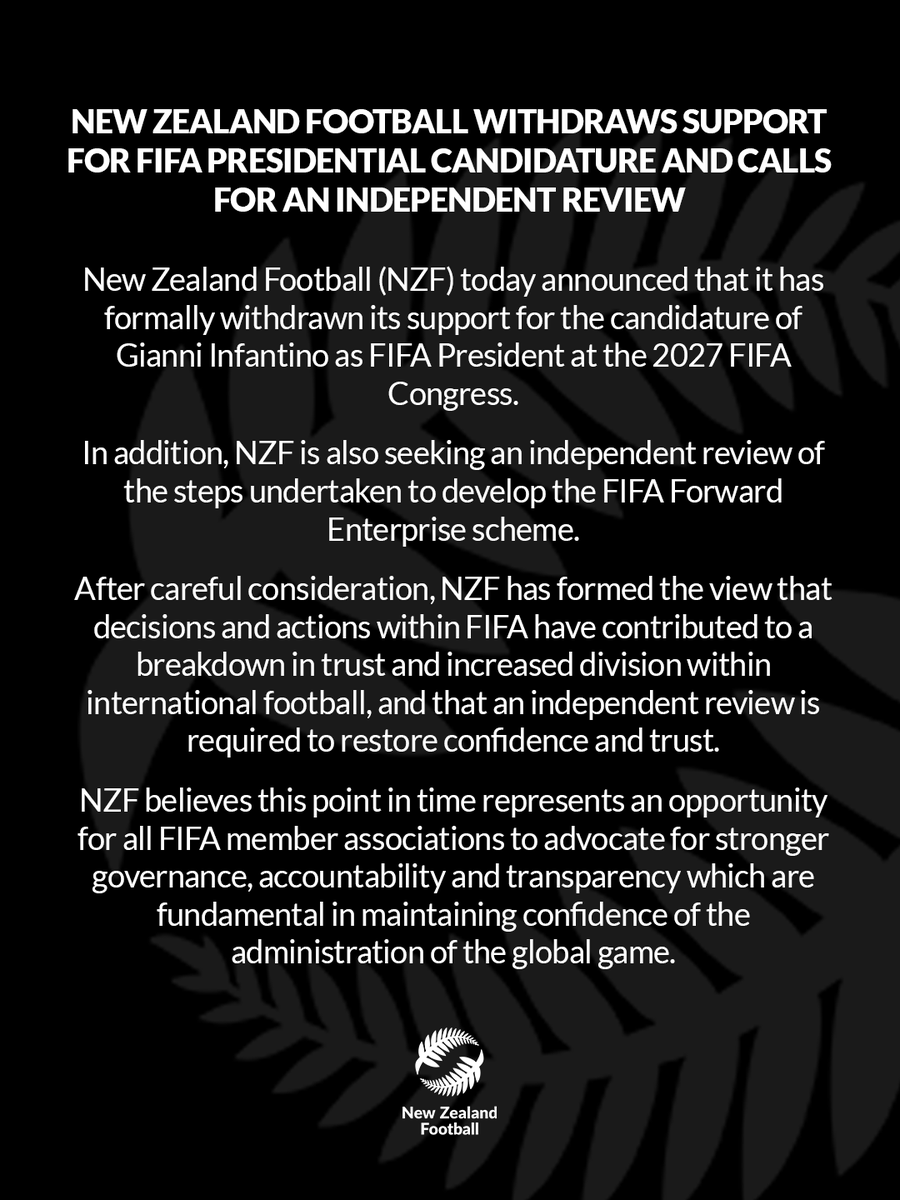 La Federación de Nueva Zelanda retira su apoyo a la reelección de Infantino como presidente de la FIFA