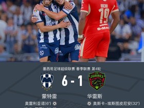 蒙特雷6-1横扫华雷斯，奥坎波斯破门，豪尔赫-罗德里格斯建功