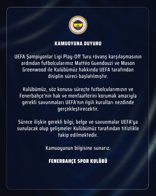 ยูฟ่าเปิดสอบเฟเนร์บาห์เช่ คดีมัตเตโอ เกนดูซี่ หลังเกมกับโอลิมปิก มาร์กเซย