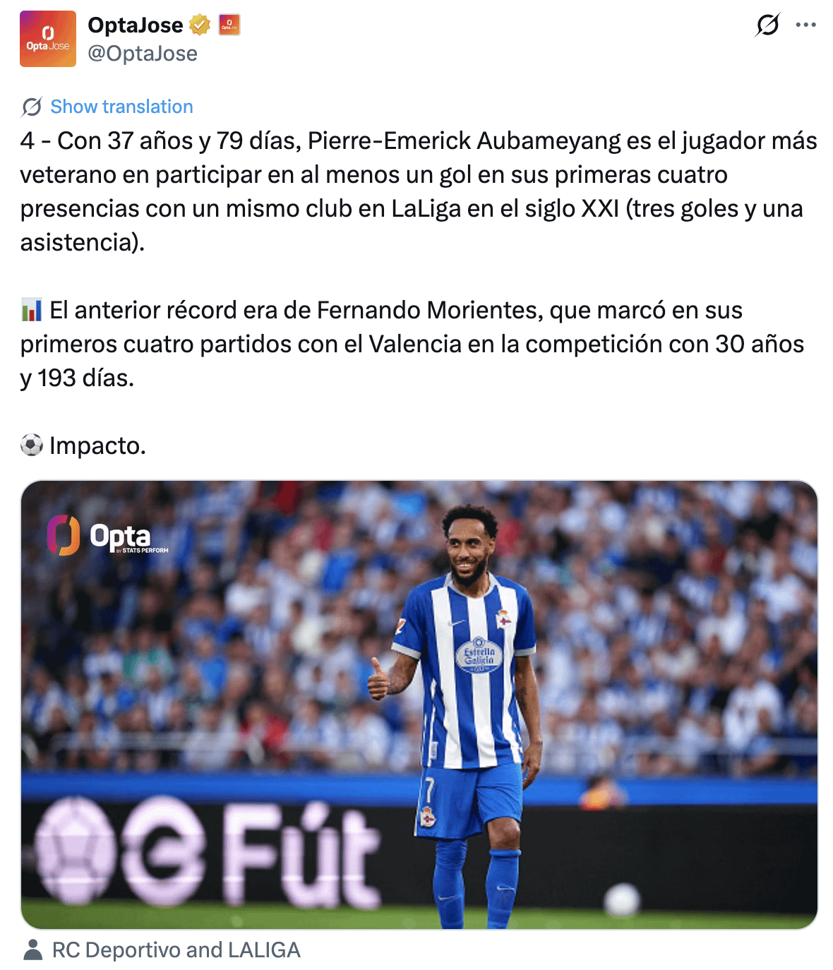 Aubameyang is the oldest player this century to score or assist in his first 4 LaLiga games