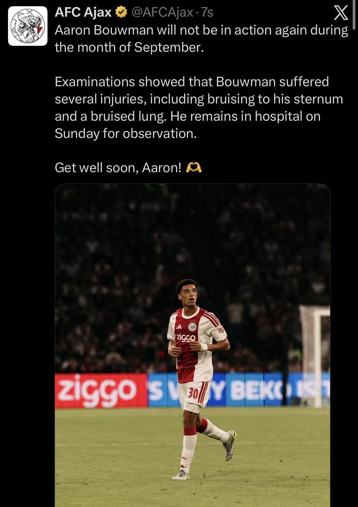 Official: Aaron Bouwman will not be in action again during the month of September