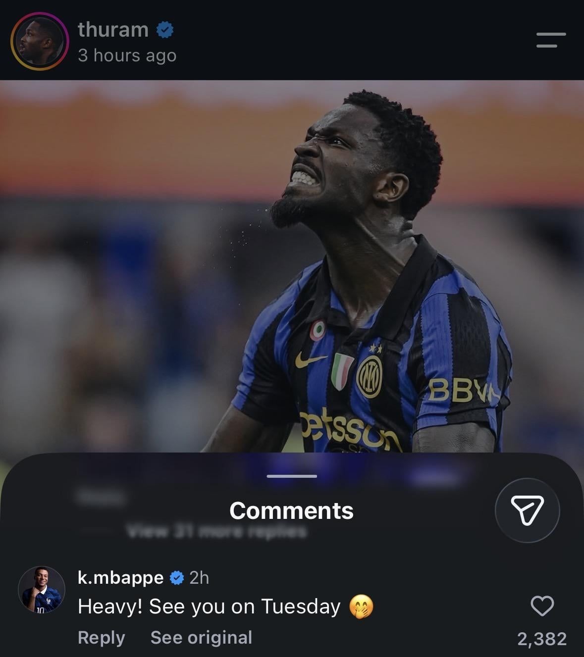 Mbappé to Marcus Thuram on social media: “See you on Tuesday.”