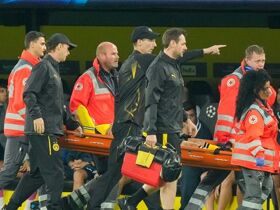 Borussia Dortmund star, 18, rushed to hospital after being carried off in Champions League game