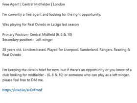 Former Liverpool wonderkid, 28, takes to LinkedIn to make unusual plea for a new club after becoming a free agent