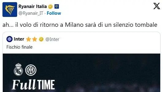 Ryanair prende in giro l'Inter: il volo di ritorno sarà silenzioso