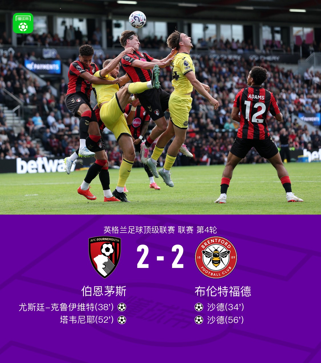 Il Bournemouth pareggia 2-2 con il Brentford e rimane senza vittorie, doppietta di Schade e clamoroso errore di Petrovic